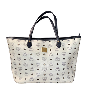 MCM White and Black Logo Tote with studs